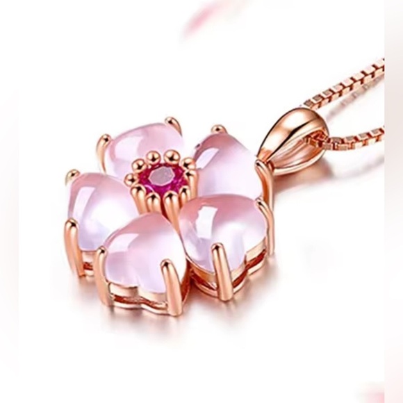Moon Goddess Emporium Jewelry - 18K Gold Japanese Cherry Blossom Sakura Gemstone Pendant Necklace Bohemian